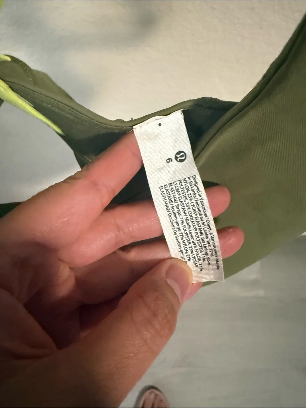 Lululemon Energy Bra Longline Olive Green Neon Yellow Straps Size 6